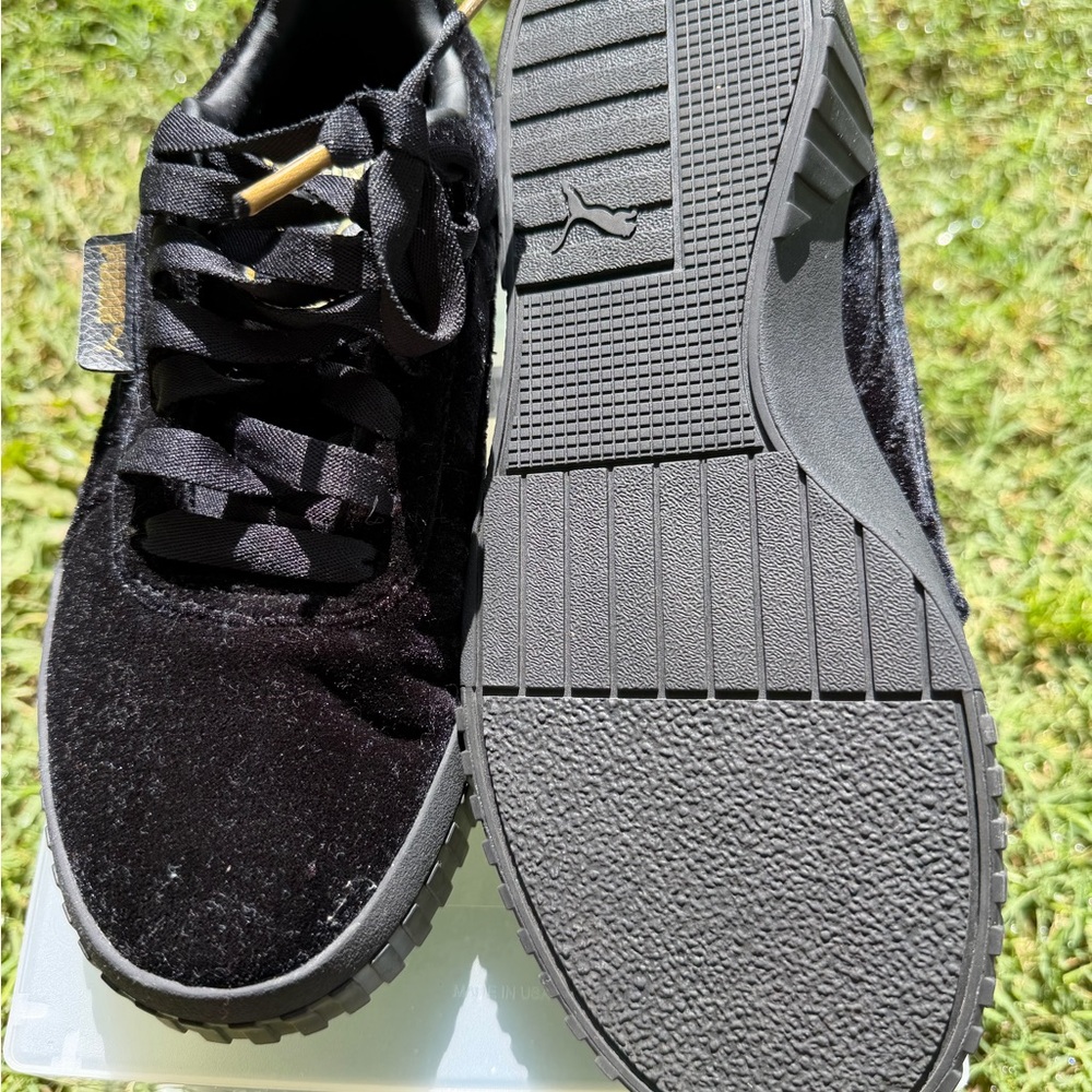 Puma Black Velvet Low-Top Sneakers with Gold Lace Tips